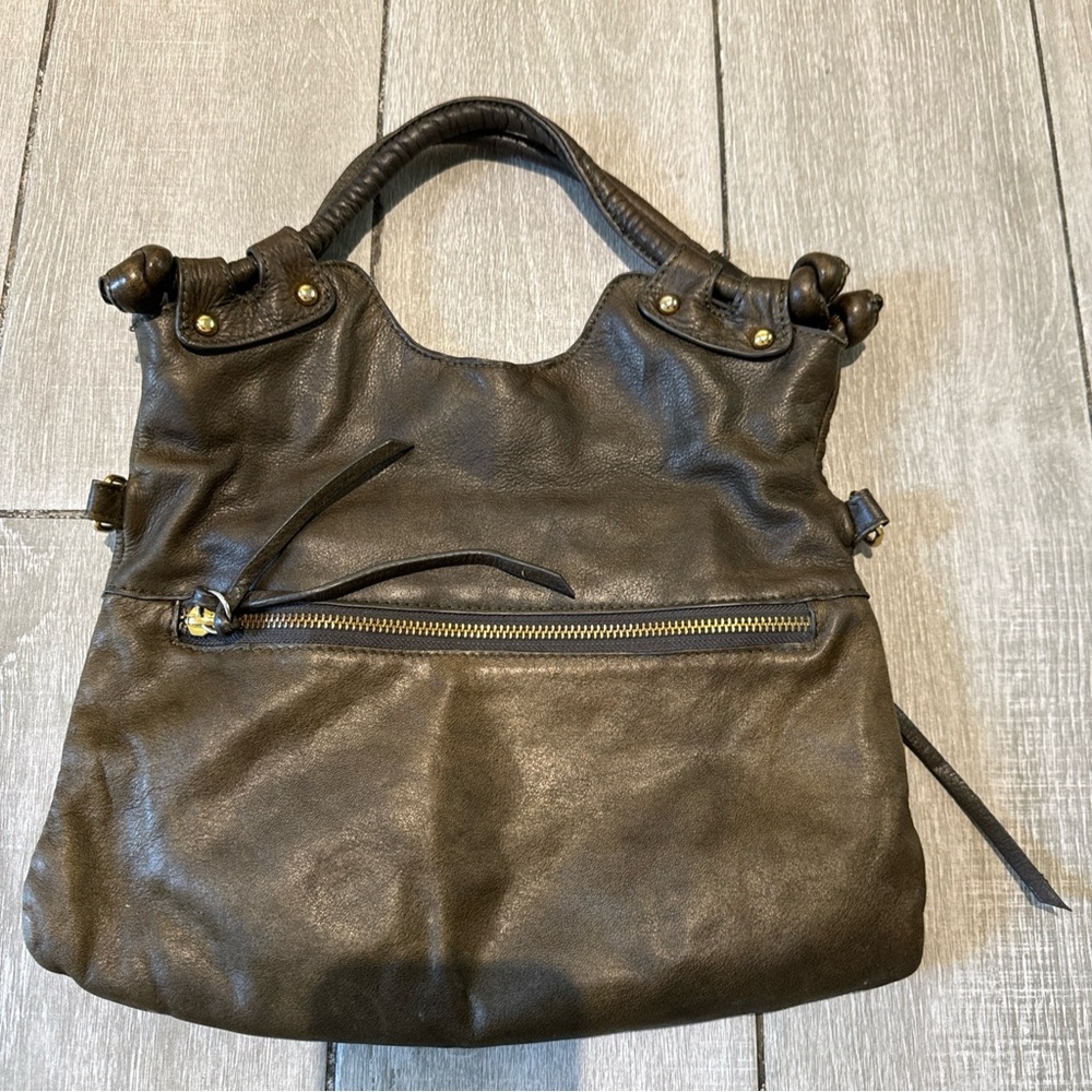 LUCIANA VERDE Green Leather Foldover Handbag Crossbody Clutch Bag Superb Vintage